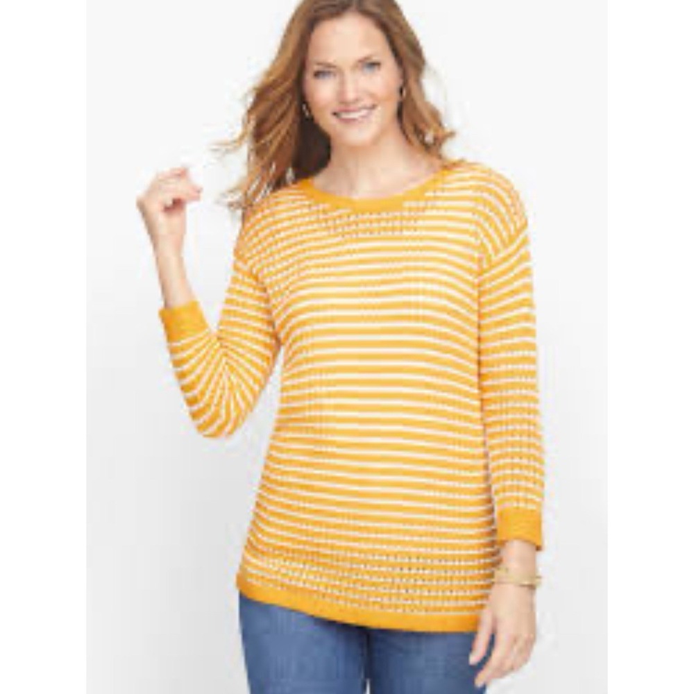 TALBOTS Tinted Gold & Ivory Mixed Yarn Jungle Stripe Open Knit Sweater Size XLP